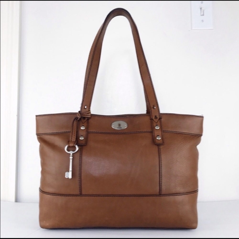 Fossil Long Live Vintage Rich Tan Rugged Leather Tote Carryall Shoulder Bag